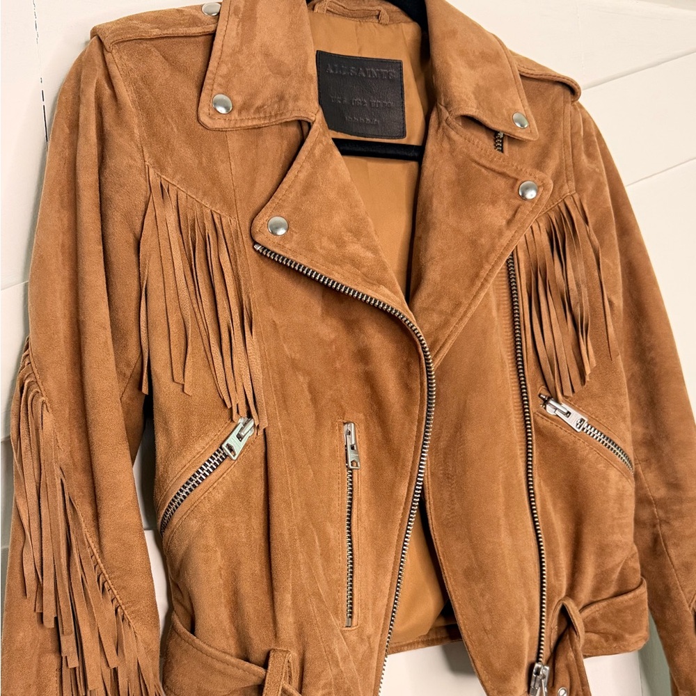 All Saints Tan Suede Leather Jacket with Fringe